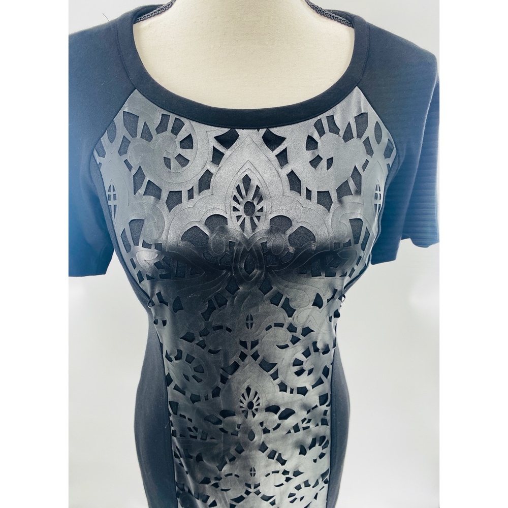 Laundry‎ by Shell Segal Black Short Sleeve Stretch w/ Faux Leather Inlay Dress